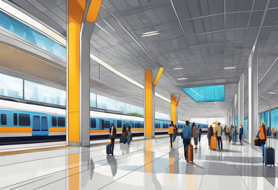 Passengers wait in a spacious, modern terminal with sleek architecture and large windows. A metro train arrives on the platform, ready for boarding