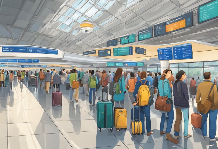 Passengers wait at terminal 3 metro station. Signs display travel tips and advisories. The bustling airport terminal provides a backdrop