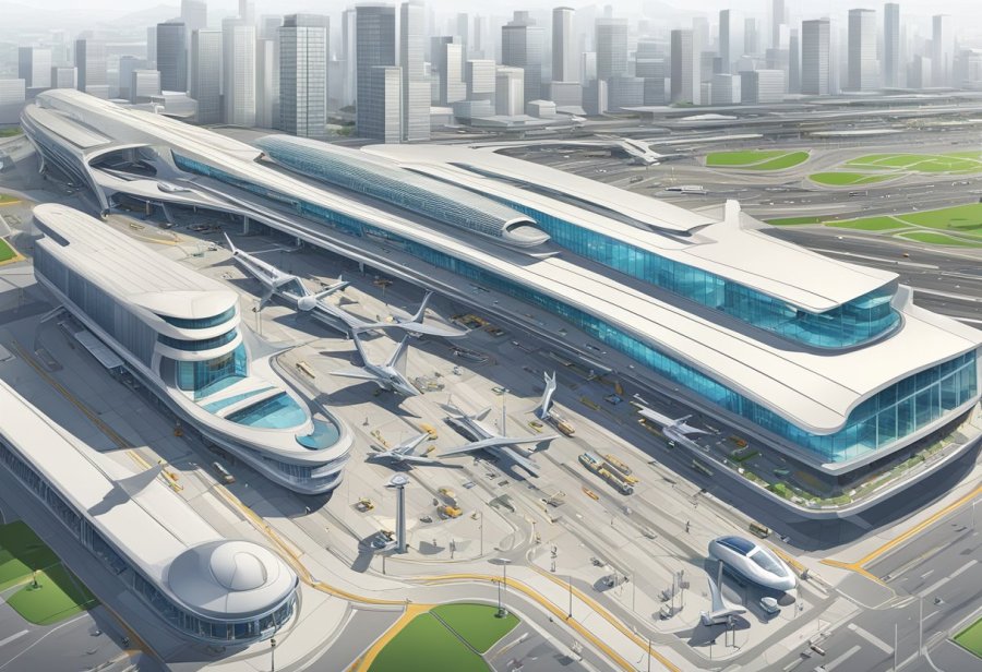 Airport terminal 3 and metro station stand side by side, surrounded by bustling activity and modern architecture