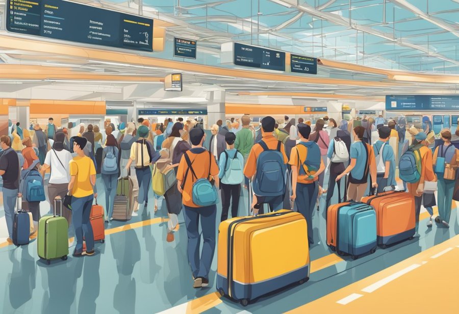 Busy airport terminal 1 metro station with travelers, luggage, and signage. Trains arriving and departing, bustling with activity