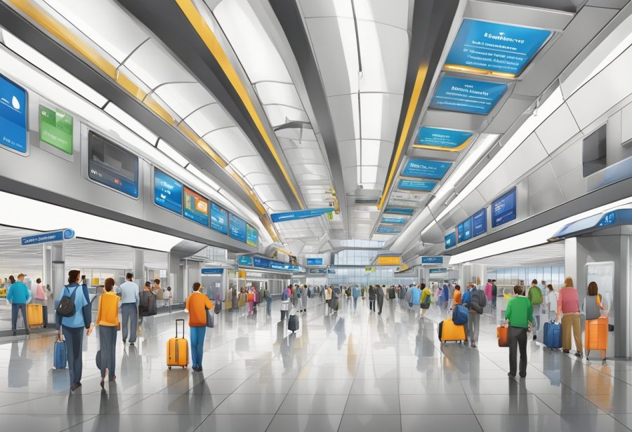 The airport terminal 1 metro station is bustling with travelers and staff, with ticket counters, waiting areas, and directional signs for various facilities and services