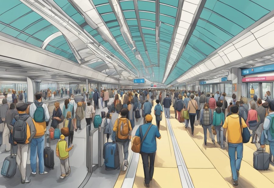 The airport terminal 1 metro station is bustling with commuters, with trains coming and going, and the sound of announcements echoing through the space