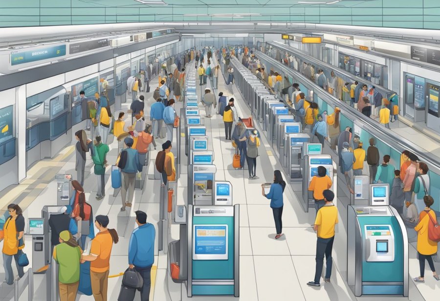 Busy metro station ticketing center with automated machines, queues, and signage