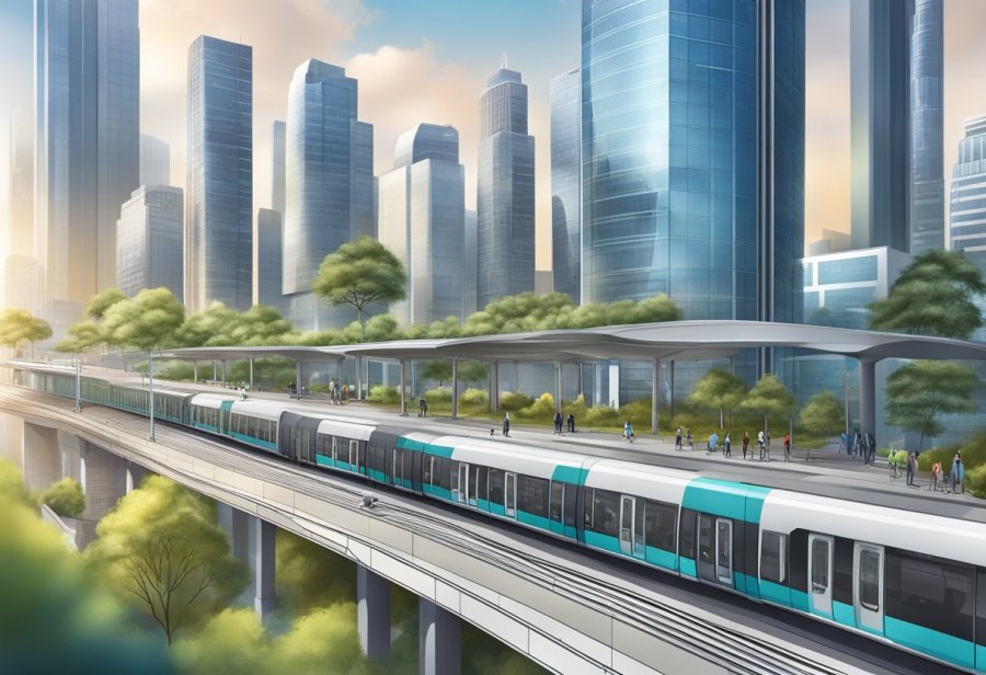 The energy metro station stands tall, surrounded by towering skyscrapers and bustling with activity, representing a hub of strategic importance in the city's infrastructure