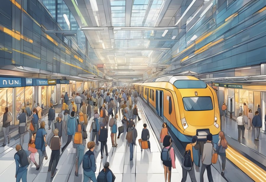 The bustling energy of a metro station surrounded by commercial areas. Bright lights, bustling crowds, and a sense of movement and activity