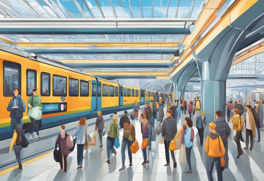 The bustling Danube metro station with commuters, trains, and vibrant signage