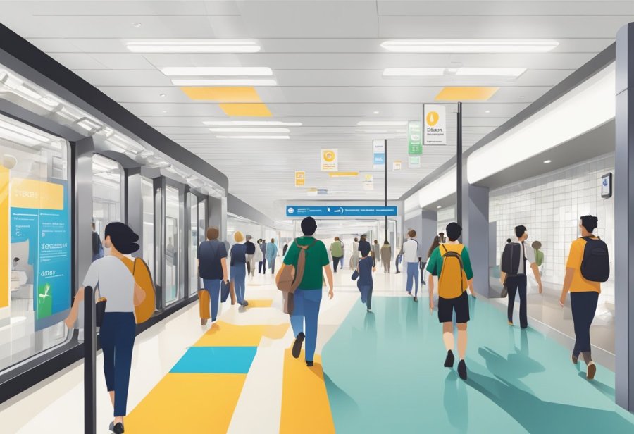 People walking in and out of GGICO metro station, with clear signage and maps for wayfinding