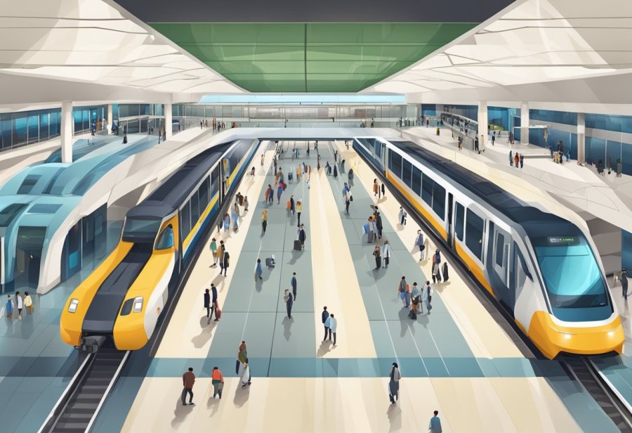 The bustling Al Furjan metro station with trains arriving and departing, passengers waiting on platforms, and the modern architecture of the station building