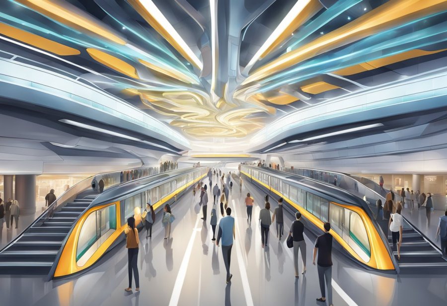 The futuristic GGICO Metro station features sleek architecture, glowing LED lights, and bustling crowds