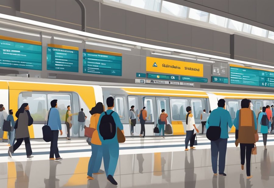 The bustling Al Nahda metro station with commuters entering and exiting trains, surrounded by modern architecture and vibrant city life