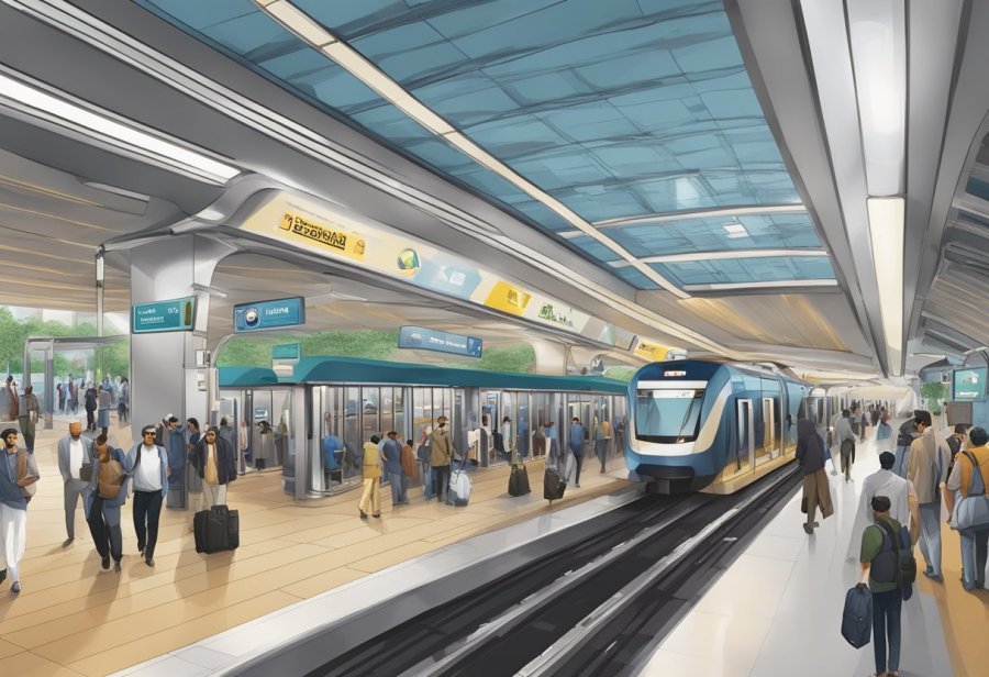 The bustling al Nahda metro station, with trains arriving and departing, passengers bustling about, and the iconic station signage prominently displayed