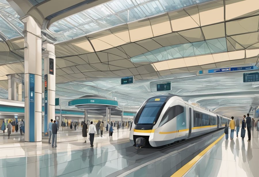 The bustling Al Qiyadah metro station with trains arriving and departing, passengers waiting on platforms, and the modern architecture of the station building
