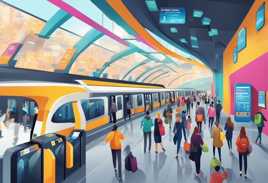 Busy metro station with digital displays, ticket machines, and directional signs. People rushing to catch trains. Vibrant colors and diverse architecture