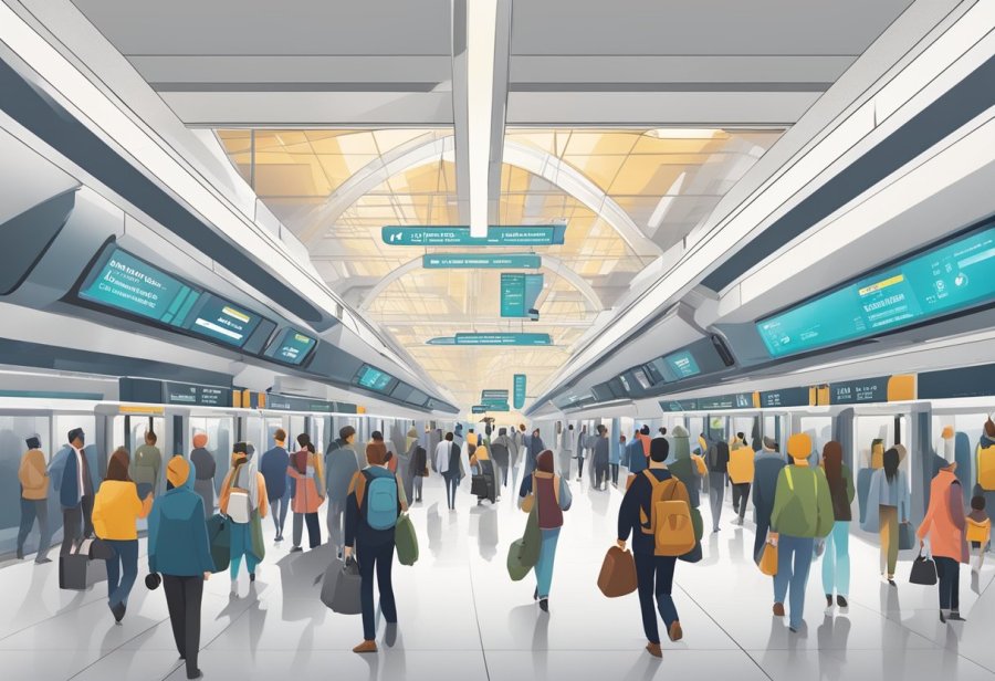 Busy Abu Hail metro station with commuters entering and exiting trains. Signage and ticket machines visible. Bright lighting and modern architecture