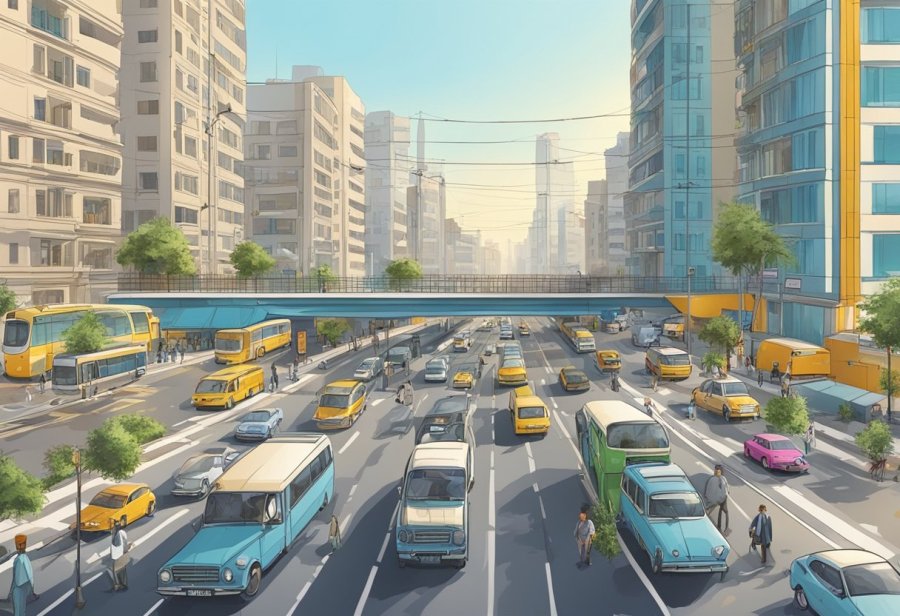 Busy street with cars, pedestrians, and buildings near Abu Hail Metro Station