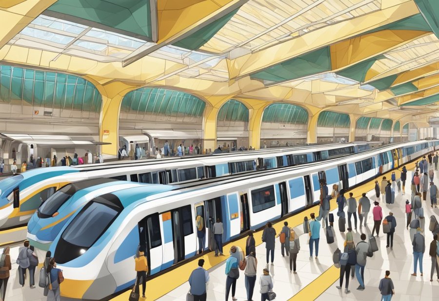 Busy abu hail metro station with trains arriving and departing, passengers waiting, and a bustling atmosphere of connectivity