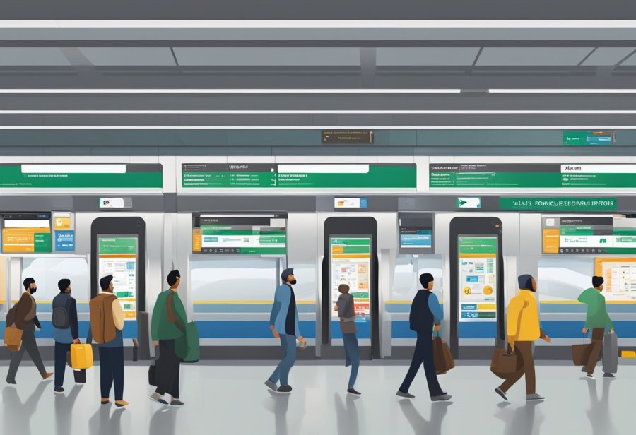 The bustling Abu Baker Al Siddique metro station with commuters entering and exiting trains, electronic display boards showing train schedules, and ticket vending machines