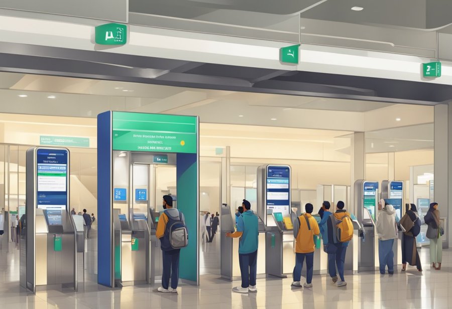 The bustling Abu Baker Al Siddique metro station with trains arriving and departing, passengers waiting on platforms, and the iconic station signage prominently displayed
