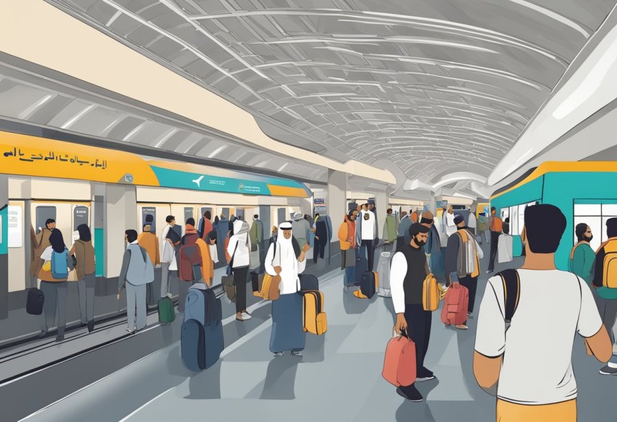 Passengers gather at Abu Baker Al Siddique metro station, checking their maps and schedules. The station is bustling with activity as people plan their journeys