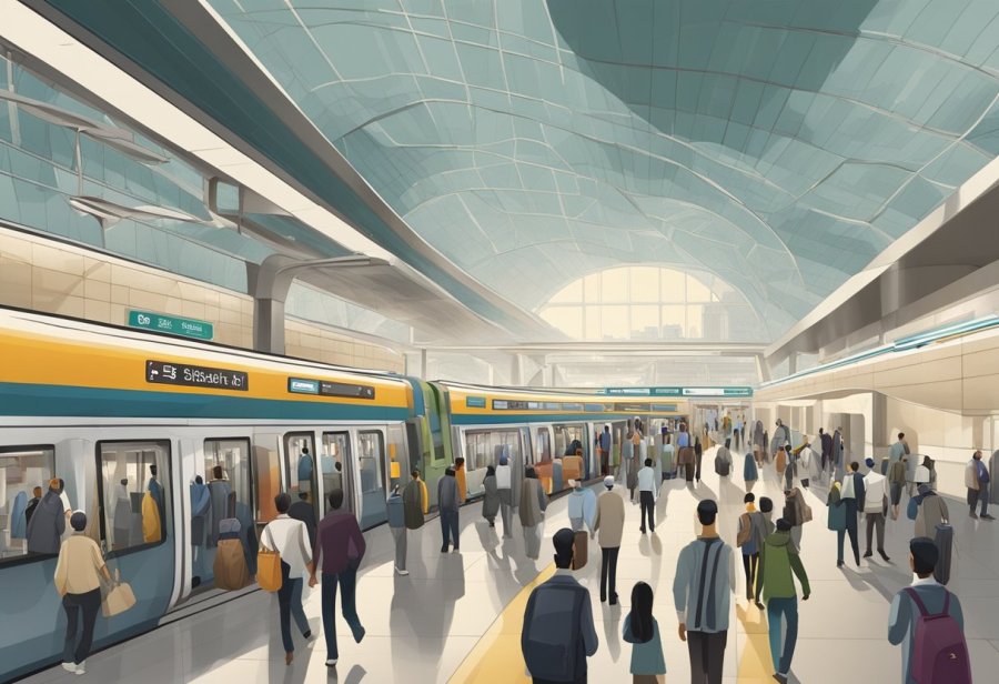 The Salah Al Din Siddique metro station is bustling with commuters entering and exiting the trains, while the station's signage and ticket machines stand out against the backdrop of the modern architecture