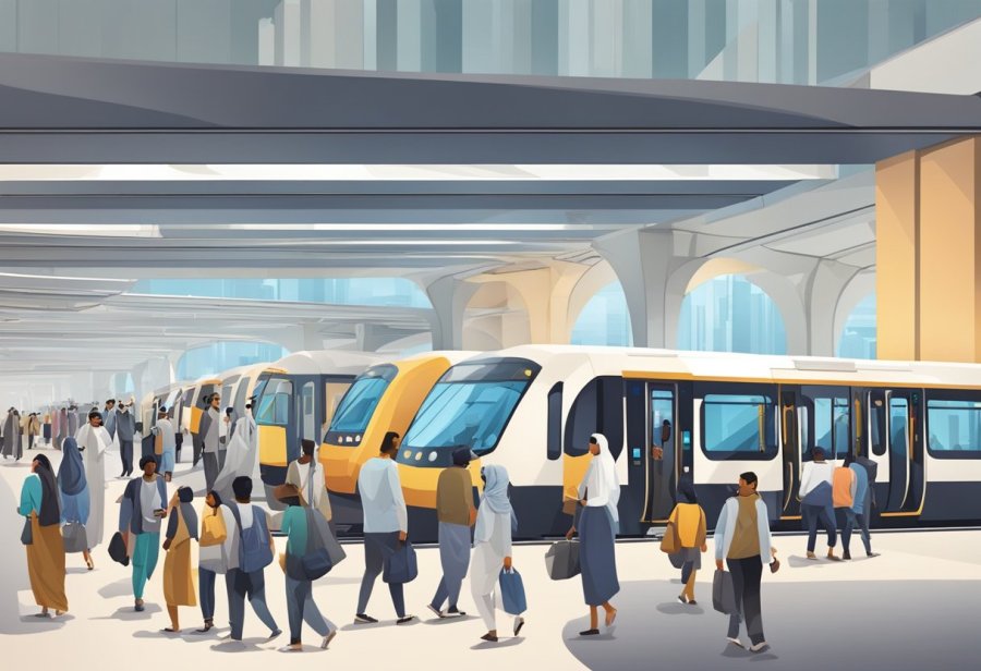 The bustling Al Ghubaiba metro station with commuters boarding and disembarking trains, surrounded by modern architecture and vibrant city life