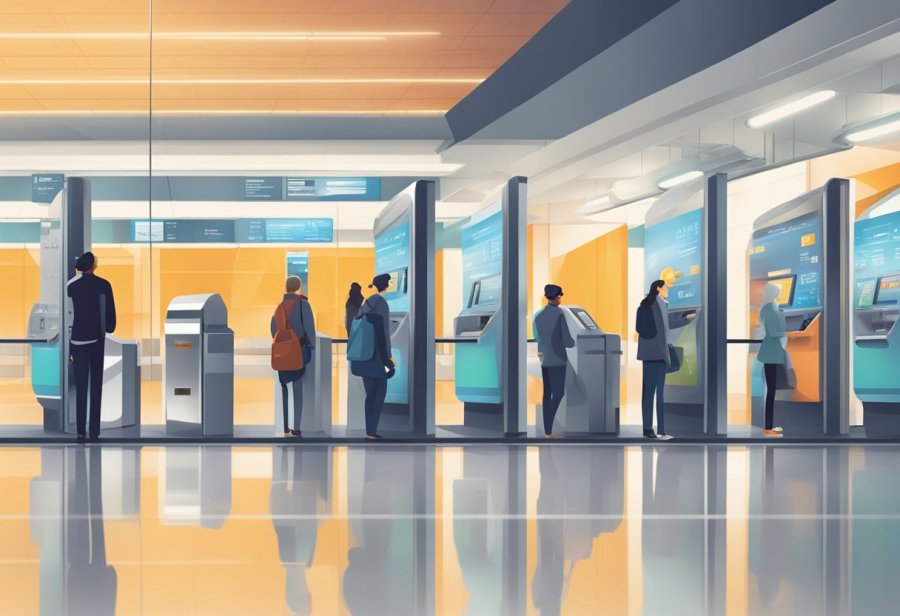 Passengers lining up at ticket machines, others scanning their metro cards at the gates. Information boards display train schedules. Clean and modern architecture