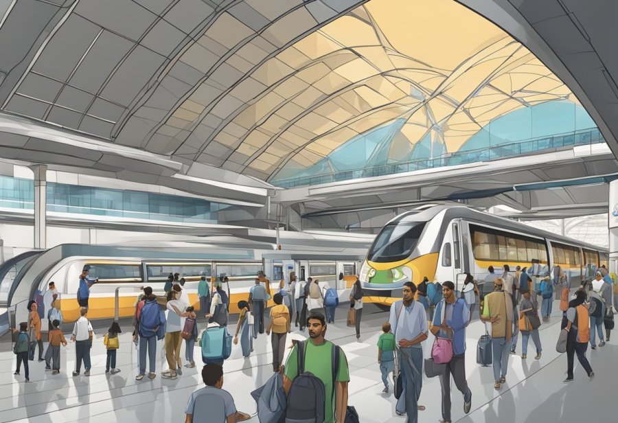 The bustling Sharaf DG metro station, with trains arriving and departing, passengers moving about, and the iconic station architecture in the background