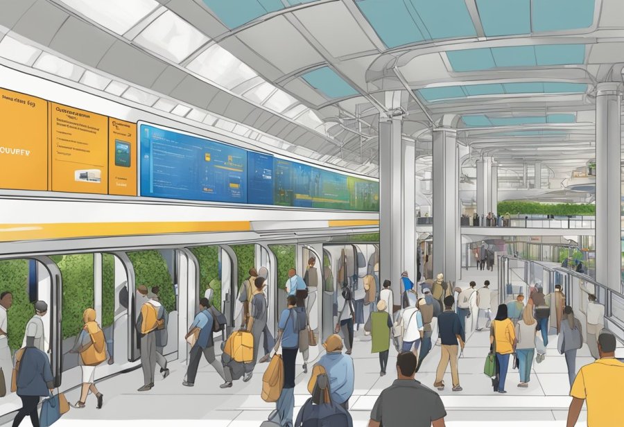 The bustling Operations Discovery Gardens metro station with commuters entering and exiting trains, electronic display boards, and modern architecture