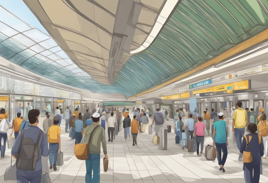 A bustling Oud Metha metro station with tourists and locals seeking regional information