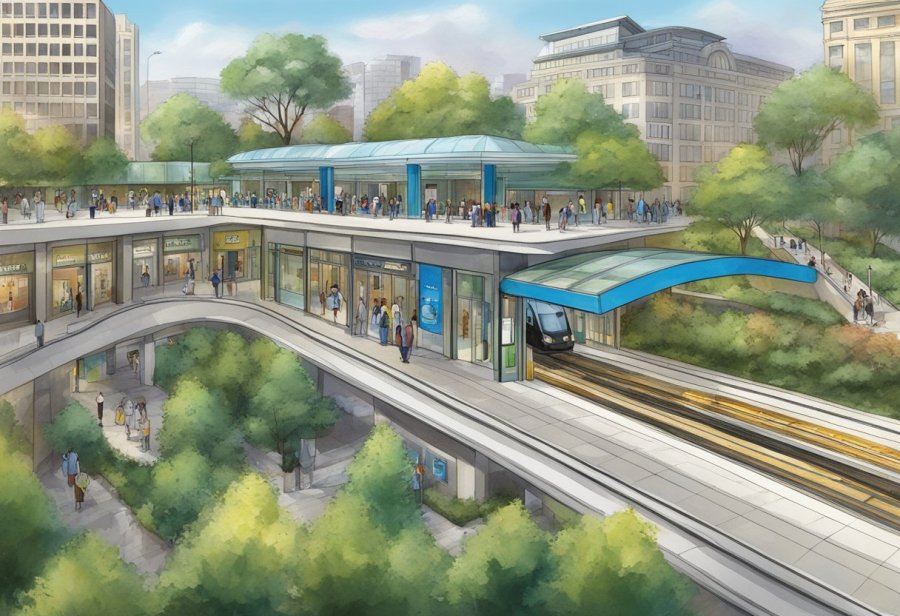 The Discovery Gardens metro station bustles with commuters and nearby attractions