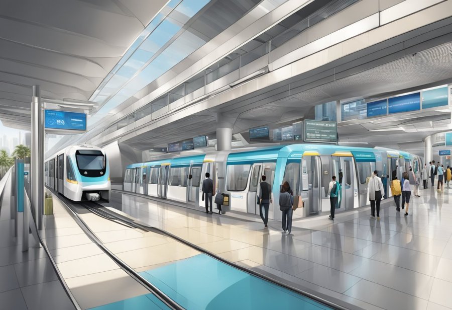 Dubai Healthcare City metro station operates with bustling commuters, bright signage, and sleek trains