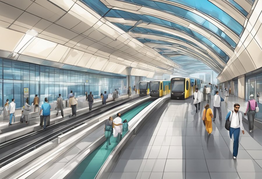The Dubai Healthcare City metro station is easily accessible with modern architecture and bustling with commuters