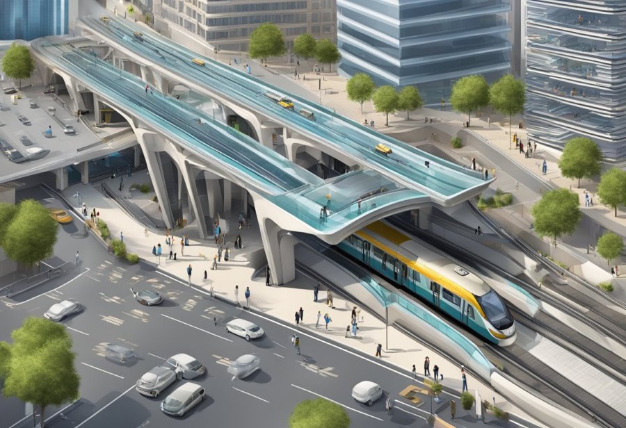The Al Jadaf metro station is surrounded by modern buildings and bustling streets, with people coming and going from the station entrances