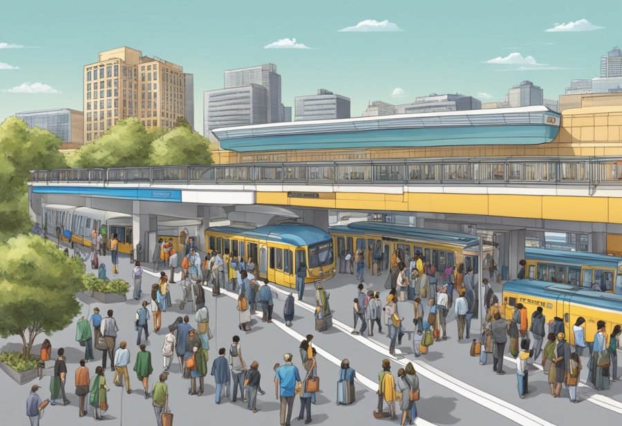 The Discovery Gardens metro station bustles with commuters boarding and exiting trains, while buses and taxis line up outside, ready to transport passengers to their next destination