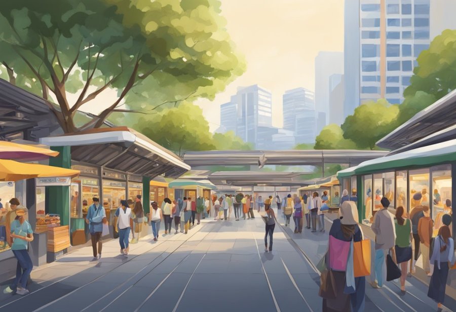 The Creek metro station bustles with commuters. Trains arrive and depart, while people hurry through the bustling station. Bright lights illuminate the platform, and the sound of announcements fills the air