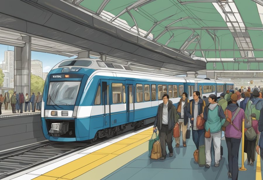 The train arrives at Information Creek metro station, passengers disembark, while others wait on the platform. The station is bustling with activity, as announcements echo through the space
