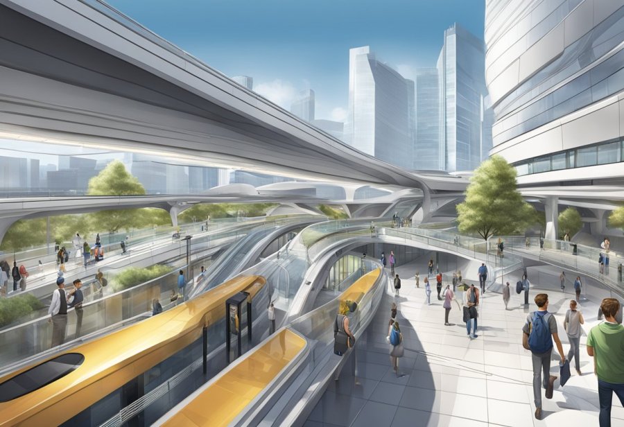 The futuristic Creek metro station features sleek architecture and expansive platforms, with high-tech signage and bustling crowds