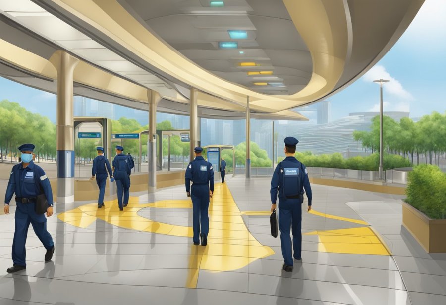 The Discovery Gardens metro station is brightly lit with visible security cameras and staff patrolling. A sense of safety and security is conveyed through the clean and well-maintained surroundings