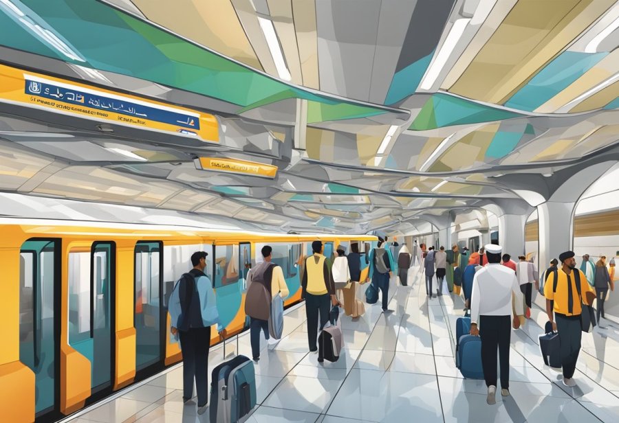 Busy Al Qusais metro station with passengers boarding and exiting trains, colorful advertisements lining the walls, and the distinct sound of trains arriving and departing