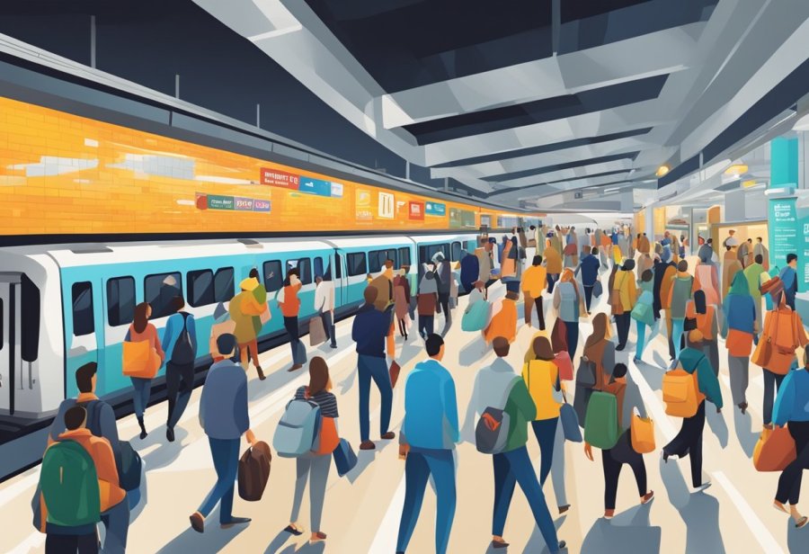 Busy Union metro station with commuters rushing in and out, trains arriving and departing, and colorful advertisements lining the walls