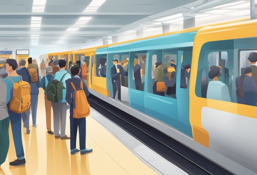 Passengers lining up at ticket machines, while others consult information boards. A train arrives, and people board and disembark. The station is clean and well-lit