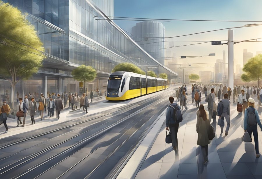 The tram station in Knowledge Village bustles with commuters and workers. The modern, sleek design of the station contrasts with the bustling activity of people coming and going. The tram tracks stretch off into the distance, disappearing into the urban landscape