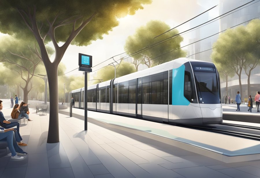 The Knowledge Village tram station features modern facilities and a sleek design, with clear signage and seating areas for passengers