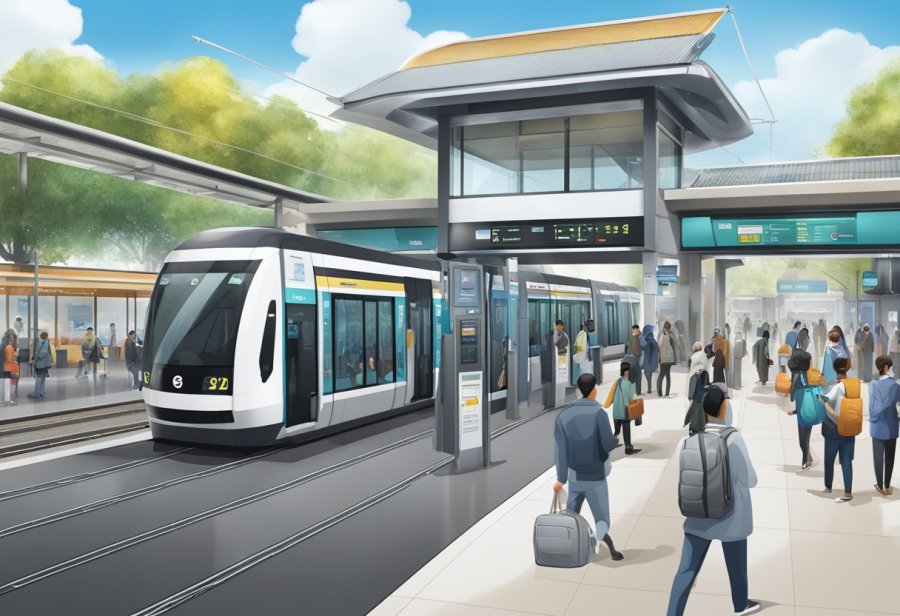 The Knowledge Village tram station is bustling with commuters purchasing tickets and checking fares. The station is adorned with informative signs and digital displays, while the tram platform is filled with waiting passengers