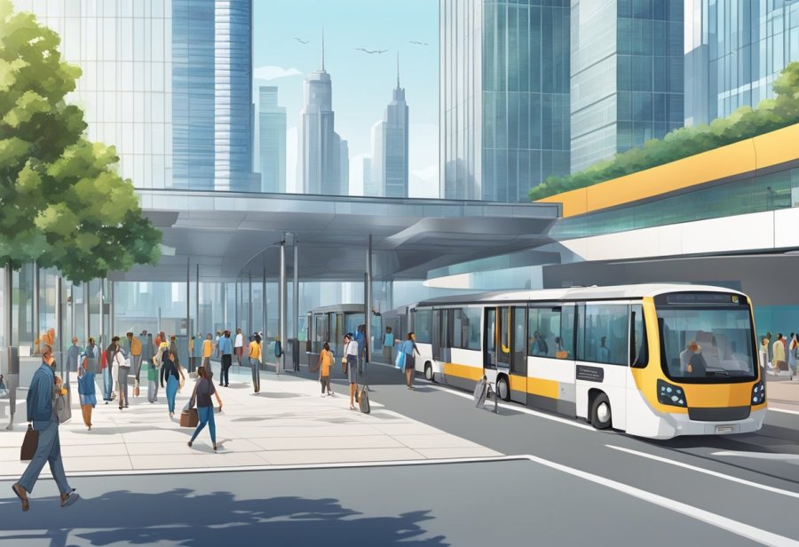 Busy DMCC metro station surrounded by modern skyscrapers and bustling neighborhood. Pedestrians and vehicles move in and out, creating a dynamic urban scene