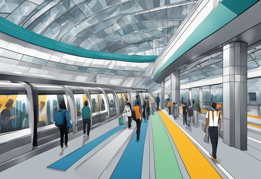 The DMCC metro station bustles with commuters. Trains arrive and depart, while passengers navigate through turnstiles and escalators. The station is adorned with modern architecture and signage, creating a vibrant and dynamic atmosphere