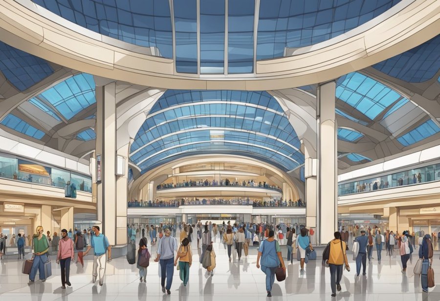 The bustling Mall of the Emirates metro station, with trains arriving and departing, passengers bustling about, and the iconic architecture of the station's interior