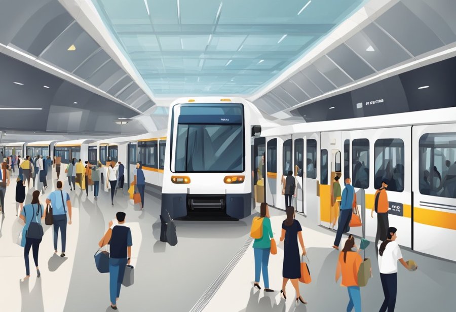 People board and exit trains at Mall of the Emirates metro station. Buses and taxis wait outside for passengers. The station is bustling with activity