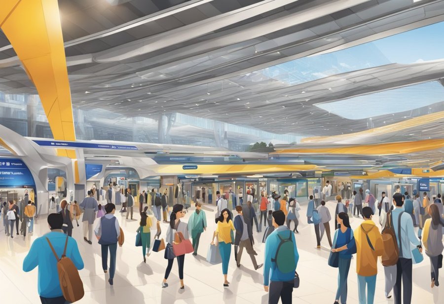 The bustling Economic Impact EXPO 2020 metro station, filled with commuters and vendors, showcases a vibrant and dynamic atmosphere