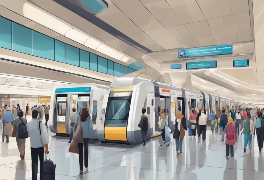 The bustling Mall of the Emirates metro station with commuters entering and exiting trains, ticket machines, and information boards